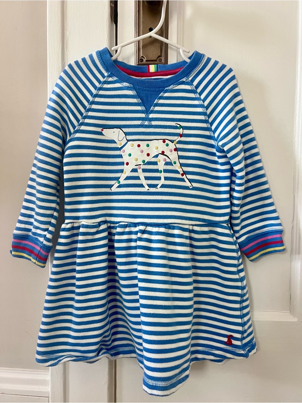 Joules Blue and White Striped Dog Print Dress with Embroidered Spots